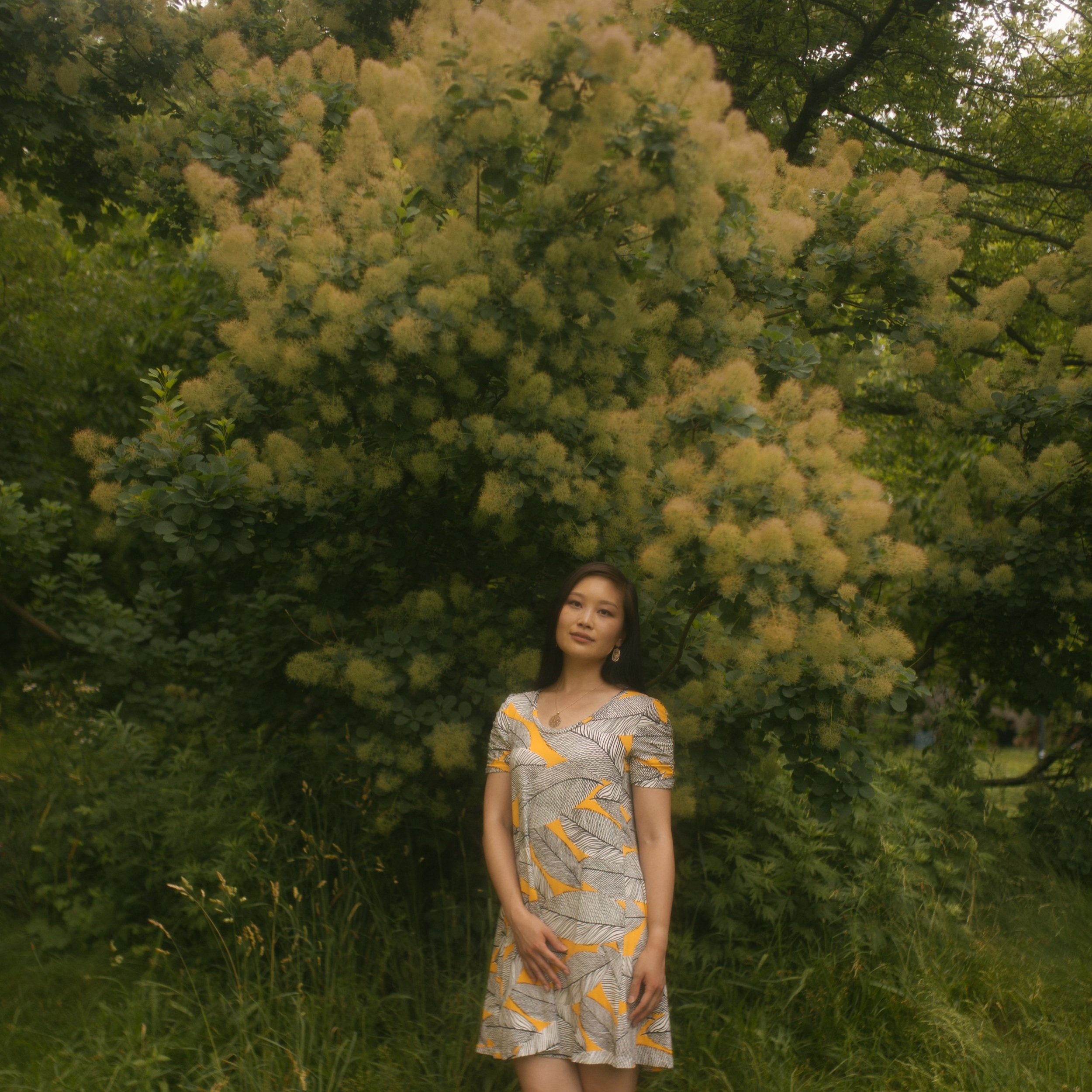 Jessica Hwang standing in a dress in front of a large tree with yellow flowers