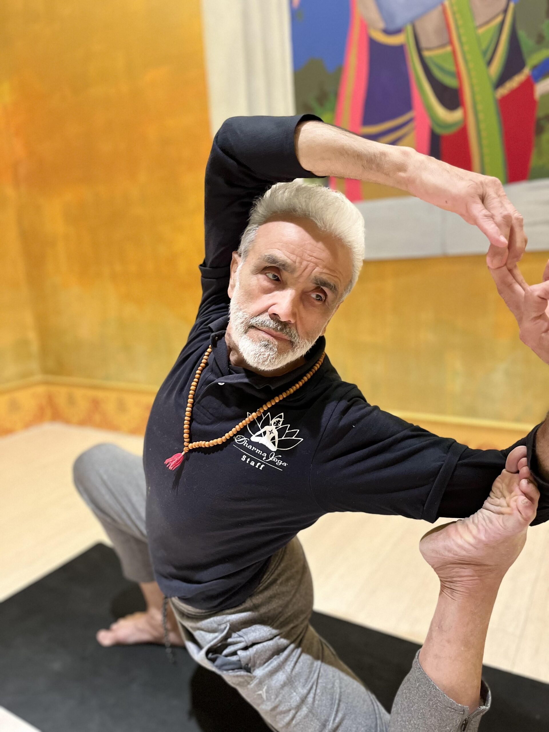 Sri Dharma Mittra in mermaid pose at the Dharma Yoga Center in front of Hanuman and the golden walls