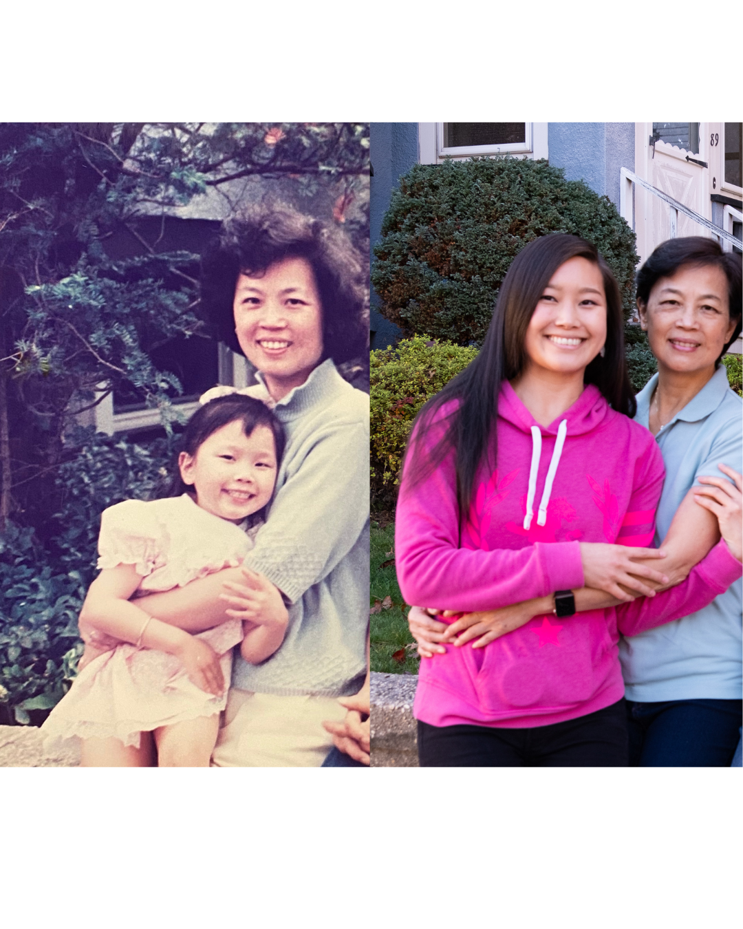 Side by side photo of Jessica Hwang and her mom Amy Hwang from when when Jessica was little and today